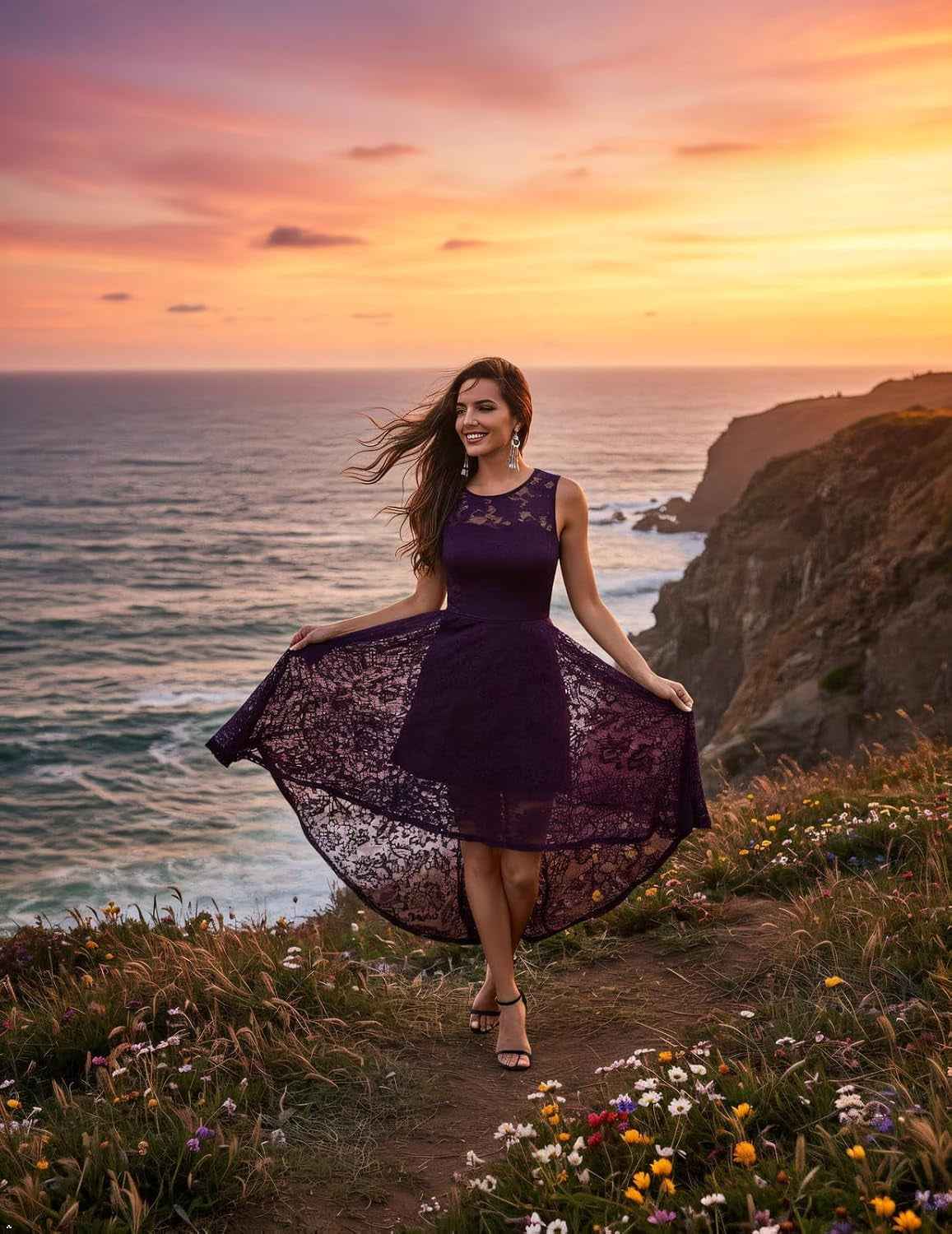 Women’s Floral Lace High-Low A-Line Dress