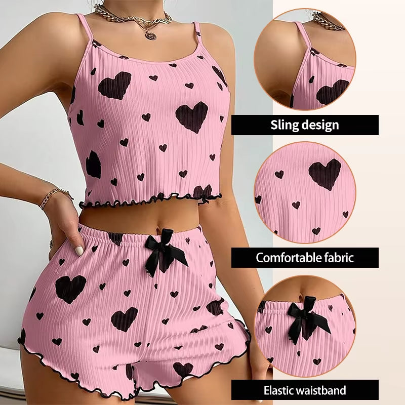 Heart Print Ribbed Pajama Set – 2 Piece Lounge Sleepwear