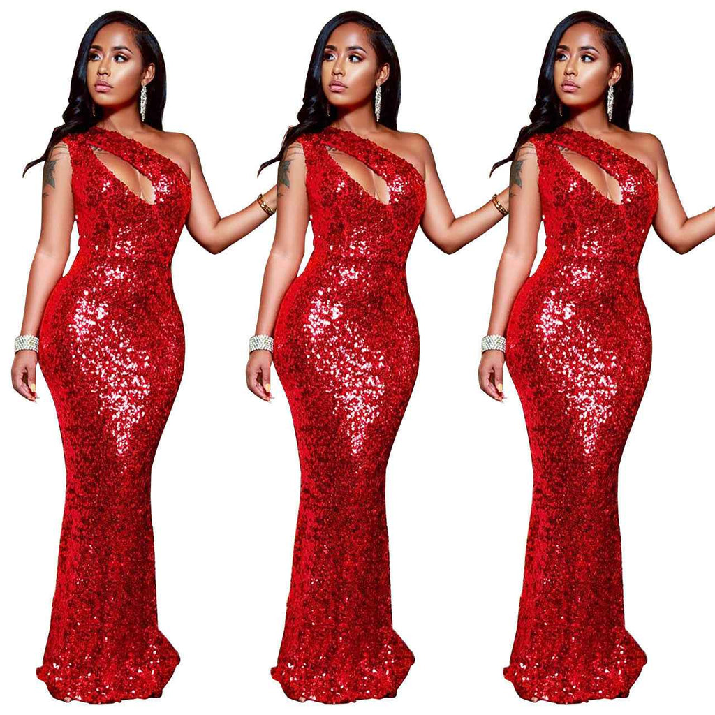 Women’s Red Sequin One-Shoulder Evening Gown