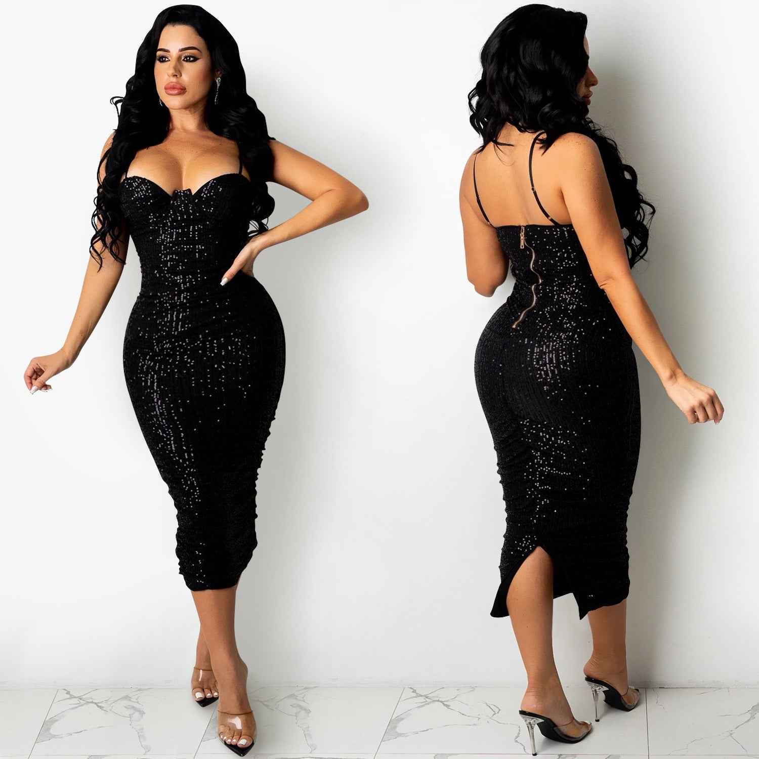 Women’s Sequin Ruched Midi Dress