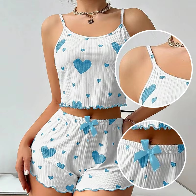 Heart Print Ribbed Pajama Set – 2 Piece Lounge Sleepwear