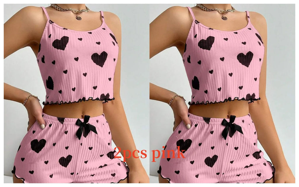 Heart Print Ribbed Pajama Set – 2 Piece Lounge Sleepwear