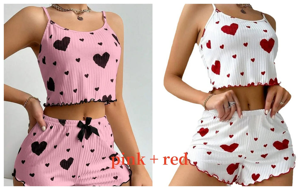 Heart Print Ribbed Pajama Set – 2 Piece Lounge Sleepwear