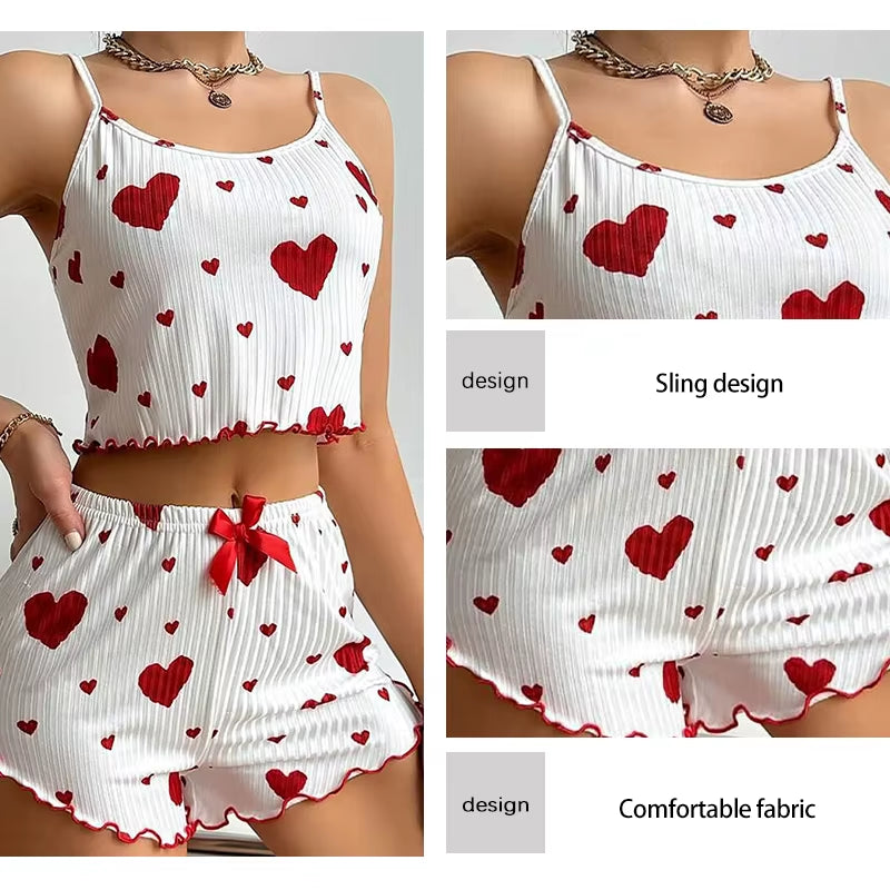Heart Print Ribbed Pajama Set – 2 Piece Lounge Sleepwear