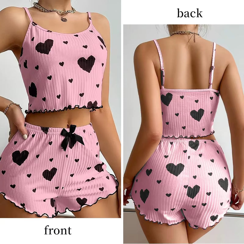 Heart Print Ribbed Pajama Set – 2 Piece Lounge Sleepwear
