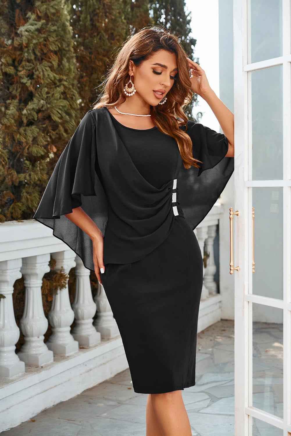 Women'S plus Size Chiffon Ruffle Flattering Cape Sleeve Bodycon Pencil Dress