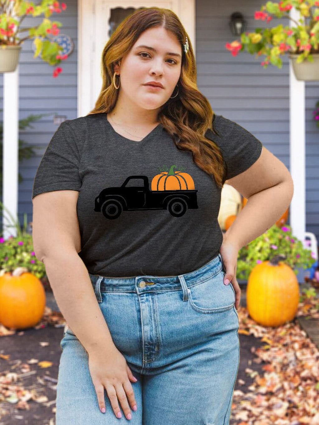 Women's Pumpkin Truck Graphic T-Shirt Plus Size