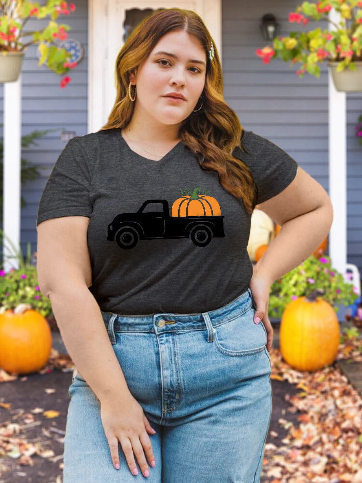 Women's Pumpkin Truck Graphic T-Shirt Plus Size