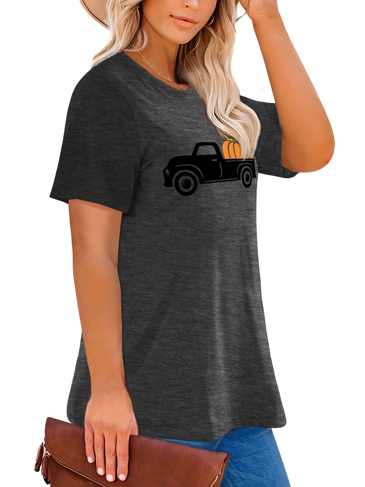 Women's Pumpkin Truck Graphic T-Shirt Plus Size