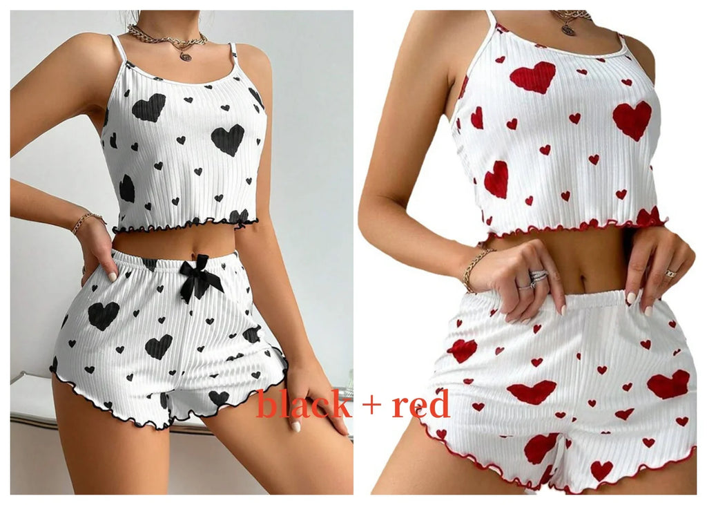 Heart Print Ribbed Pajama Set – 2 Piece Lounge Sleepwear