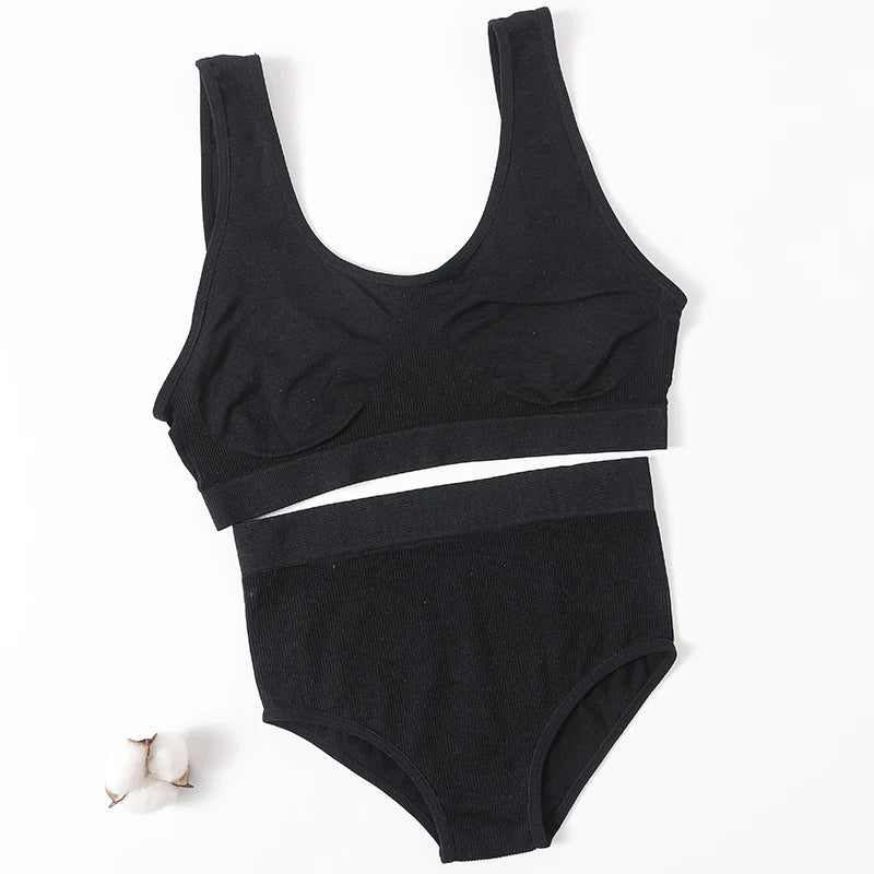 Women Seamless Bra Set Sexy Lingerie Set Rib Top Bra Set Sexy High Waist Briefs Panties Wirefree Bralette Female Underwear Set