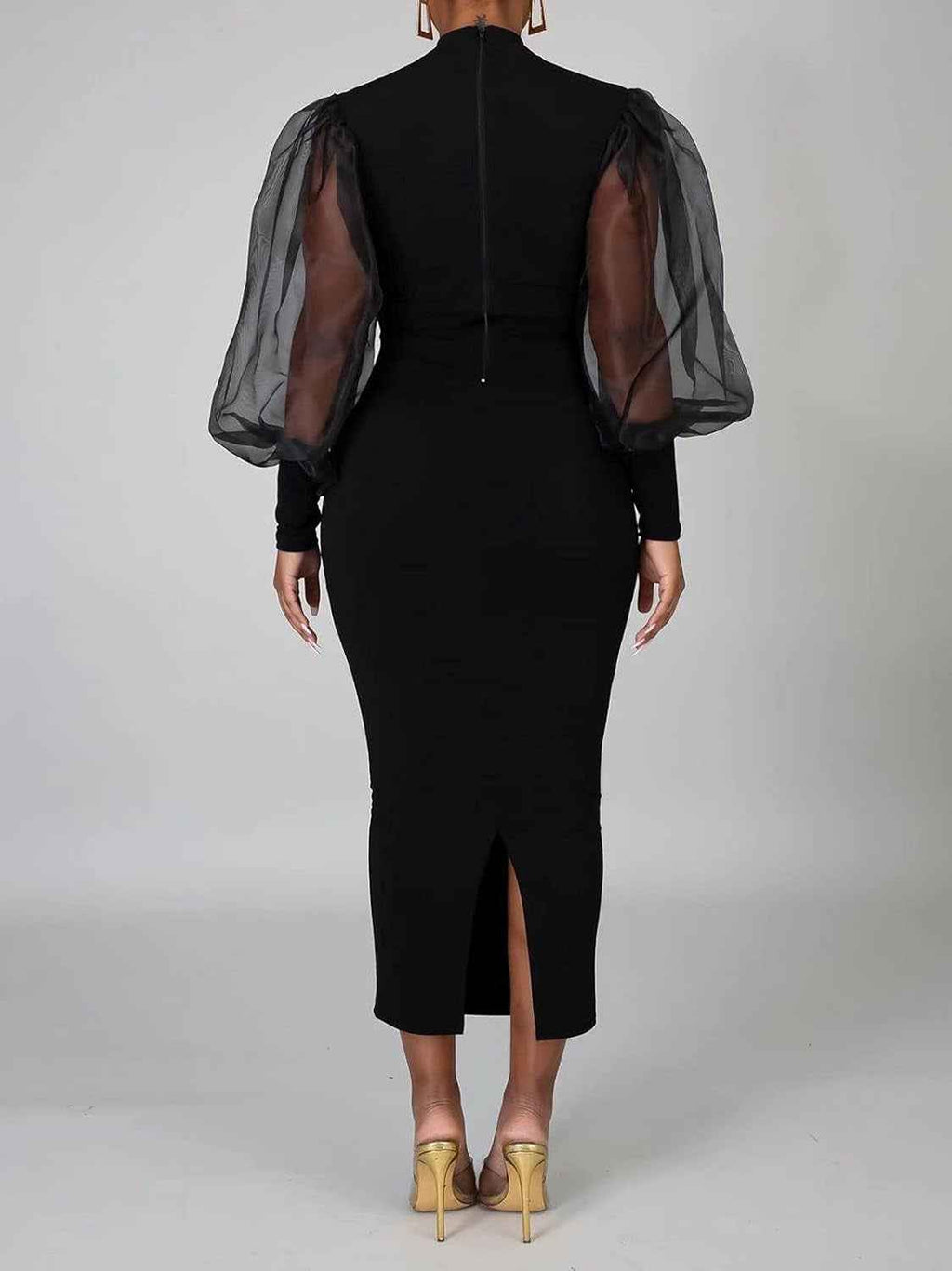 Sheer Puff Sleeve Bodycon Midi Dress