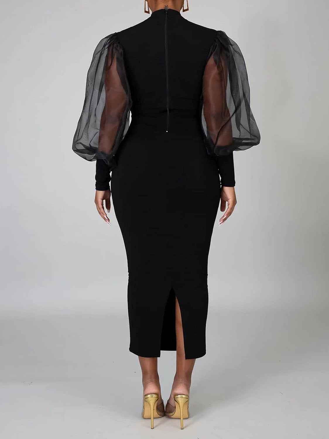 Sheer Puff Sleeve Bodycon Midi Dress