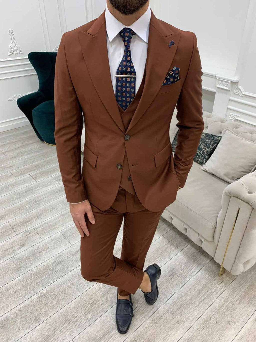 Men’s Brown 3-Piece Slim Fit Suit
