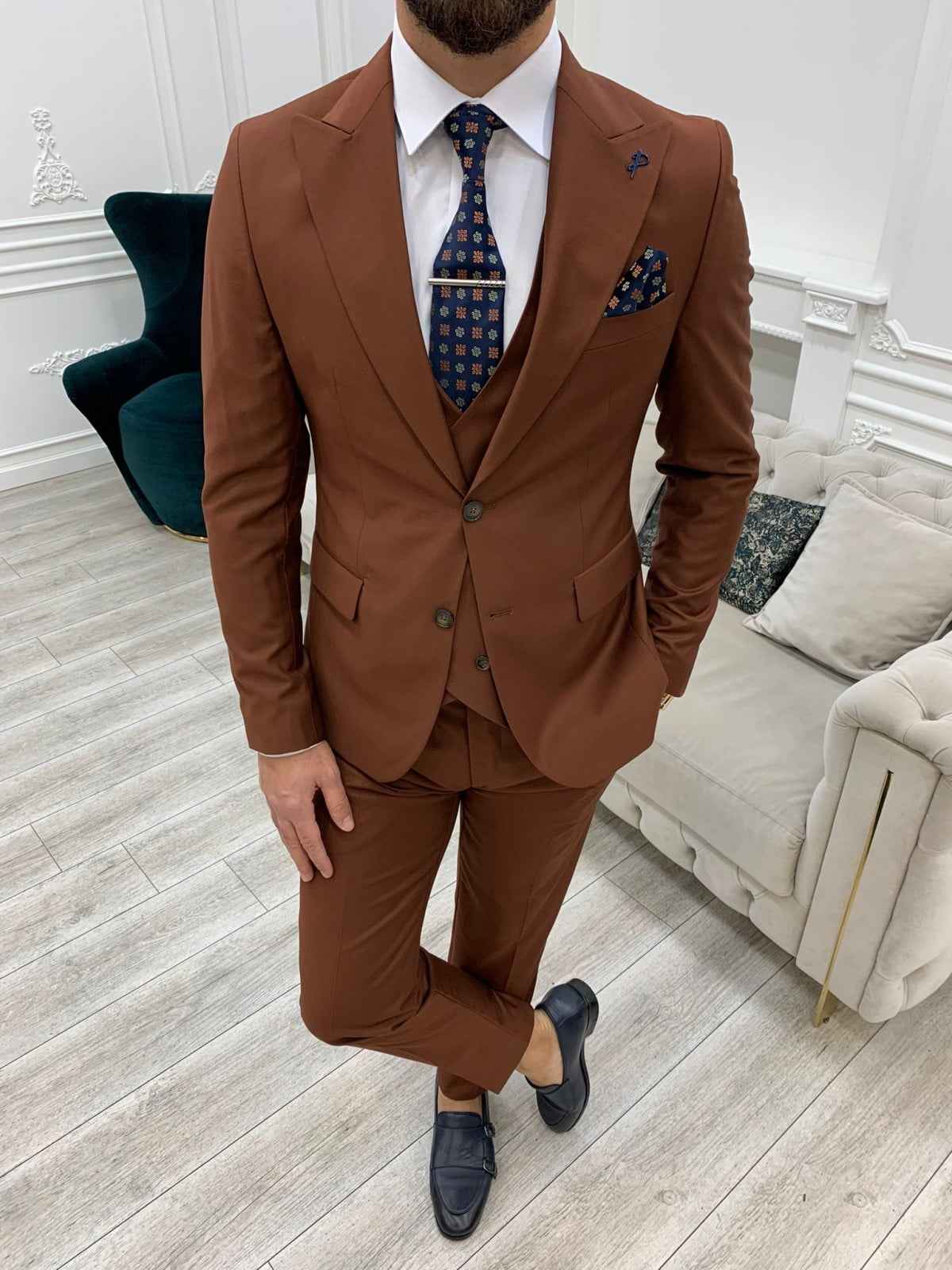 Men’s Brown 3-Piece Slim Fit Suit