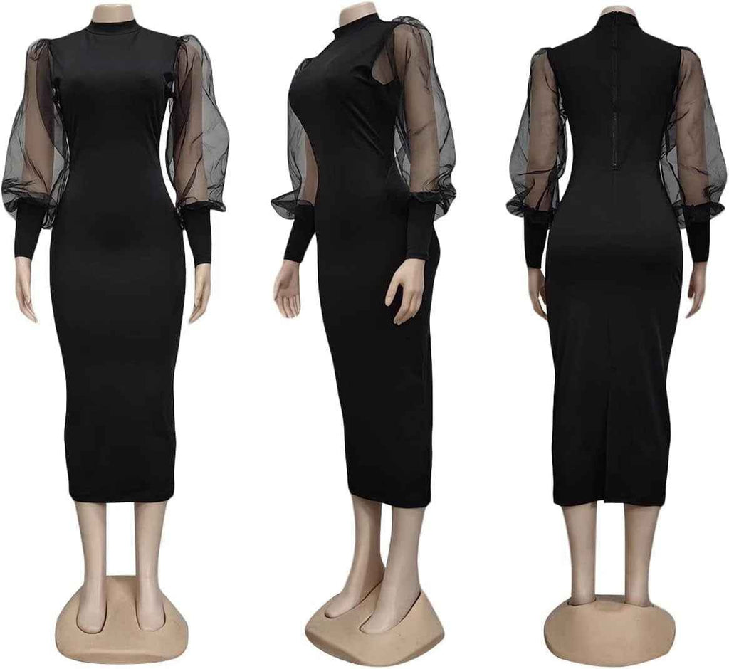 Sheer Puff Sleeve Bodycon Midi Dress