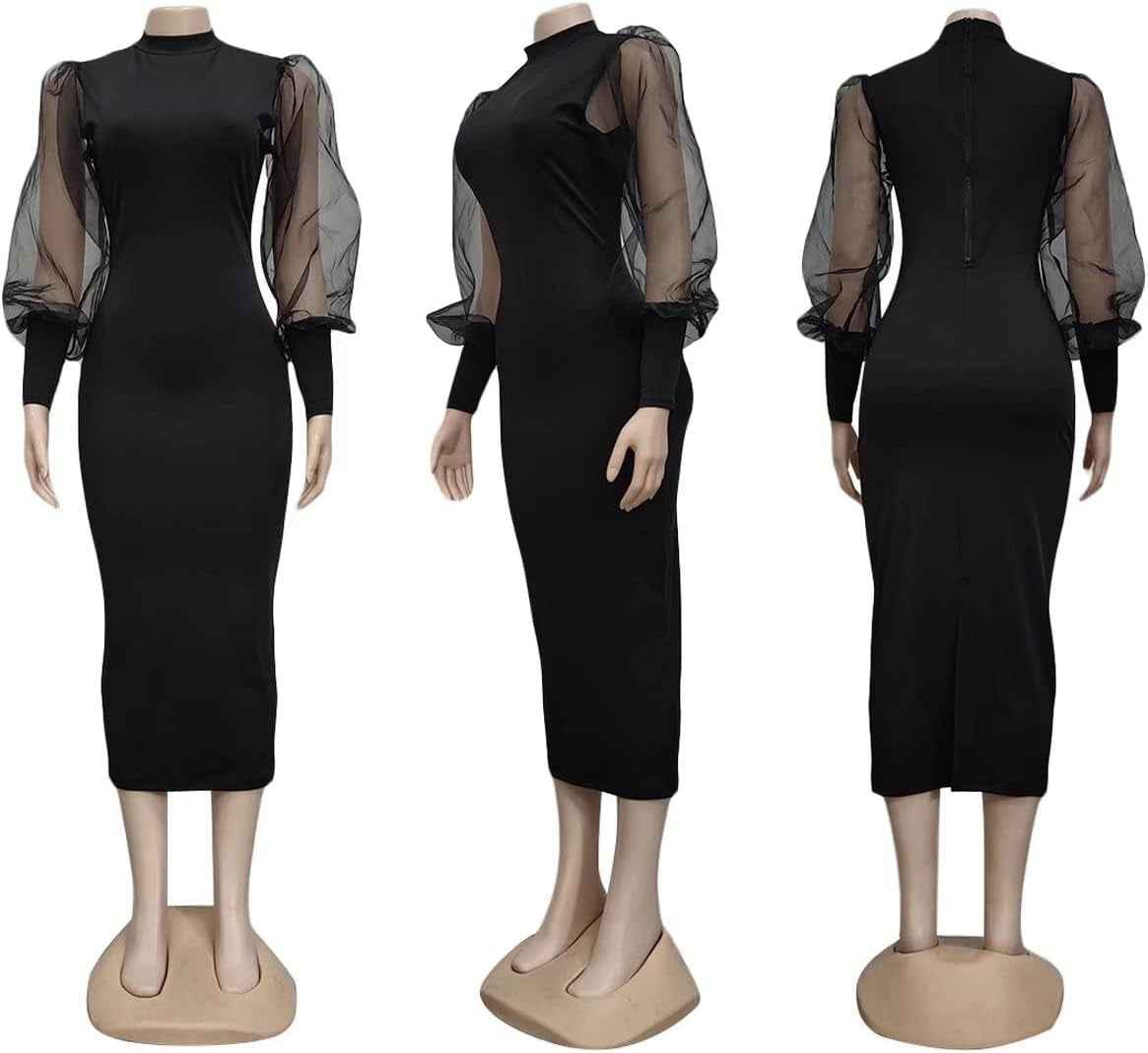 Sheer Puff Sleeve Bodycon Midi Dress