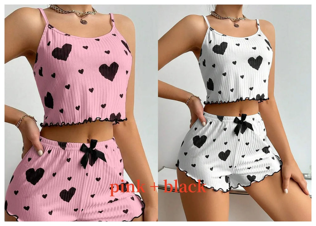 Heart Print Ribbed Pajama Set – 2 Piece Lounge Sleepwear