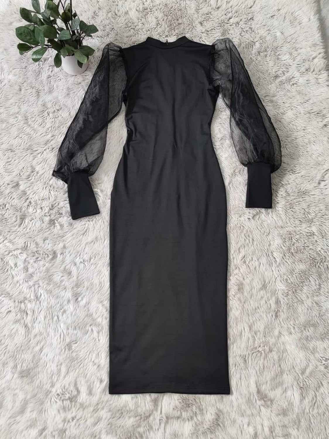 Sheer Puff Sleeve Bodycon Midi Dress