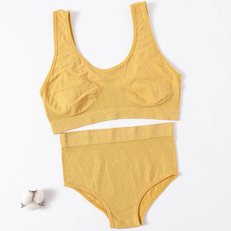 Women Seamless Bra Set Sexy Lingerie Set Rib Top Bra Set Sexy High Waist Briefs Panties Wirefree Bralette Female Underwear Set