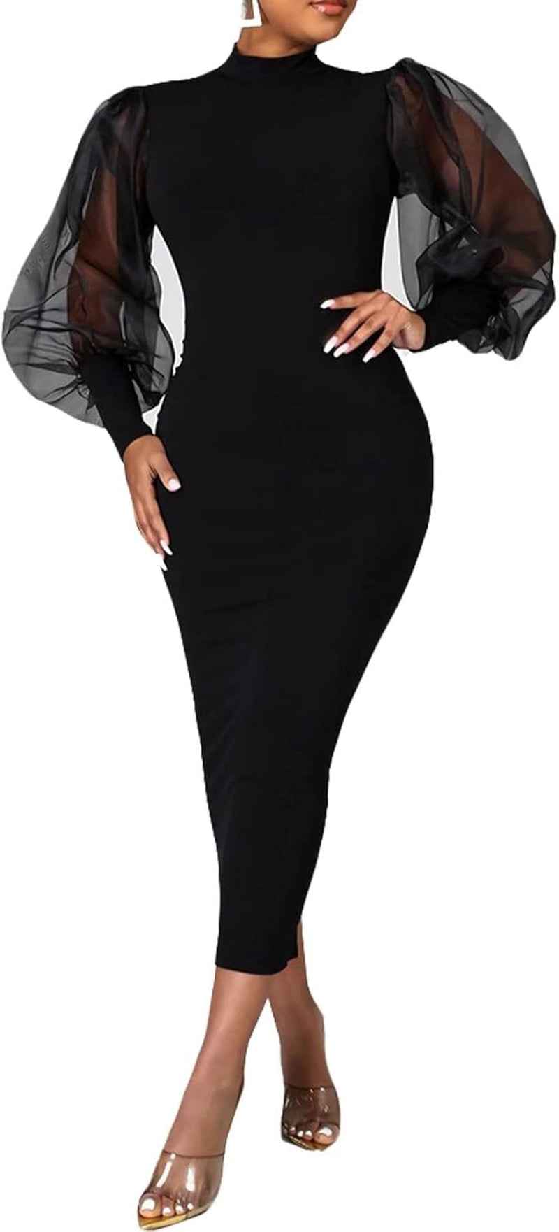Sheer Puff Sleeve Bodycon Midi Dress