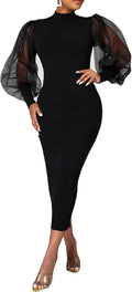 Sheer Puff Sleeve Bodycon Midi Dress