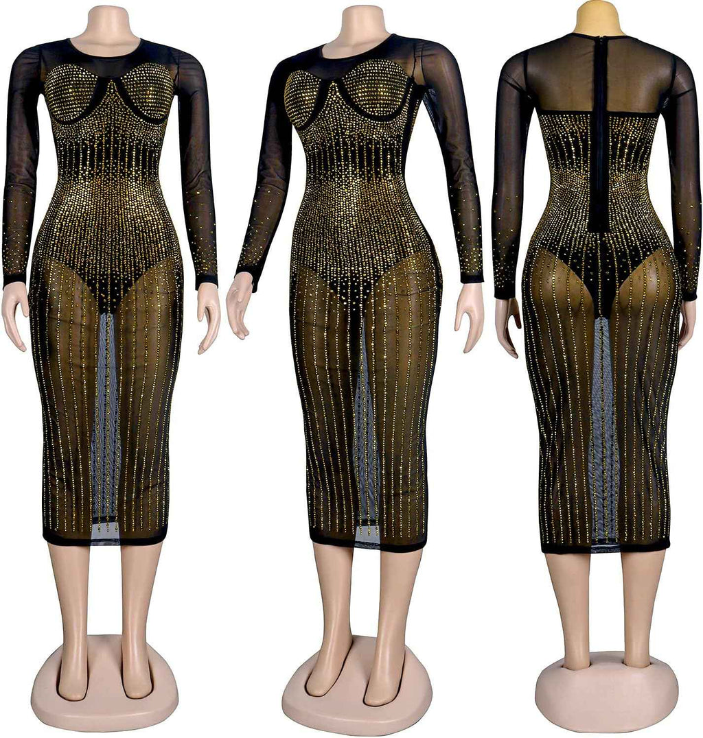 Rhinestone Glamour Bodycon Midi Dress