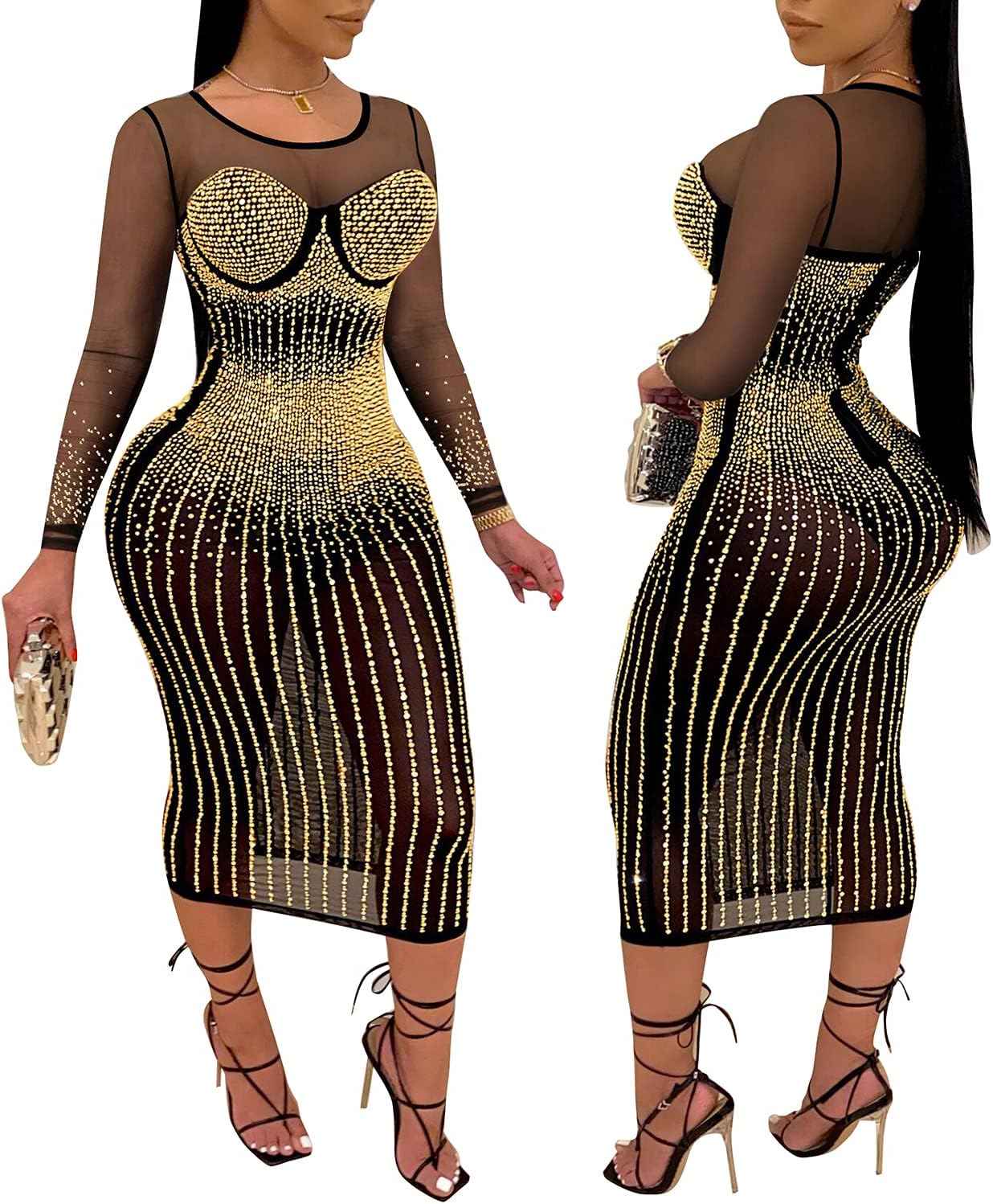 Rhinestone Glamour Bodycon Midi Dress