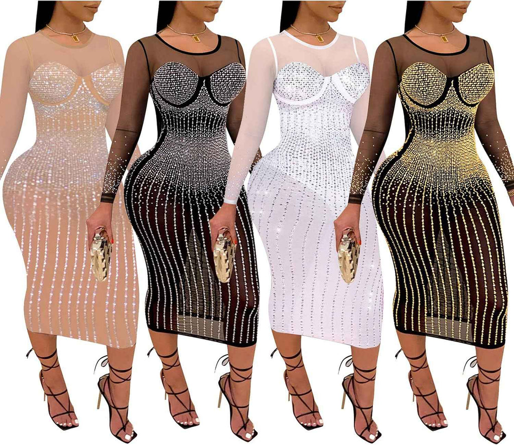 Rhinestone Glamour Bodycon Midi Dress