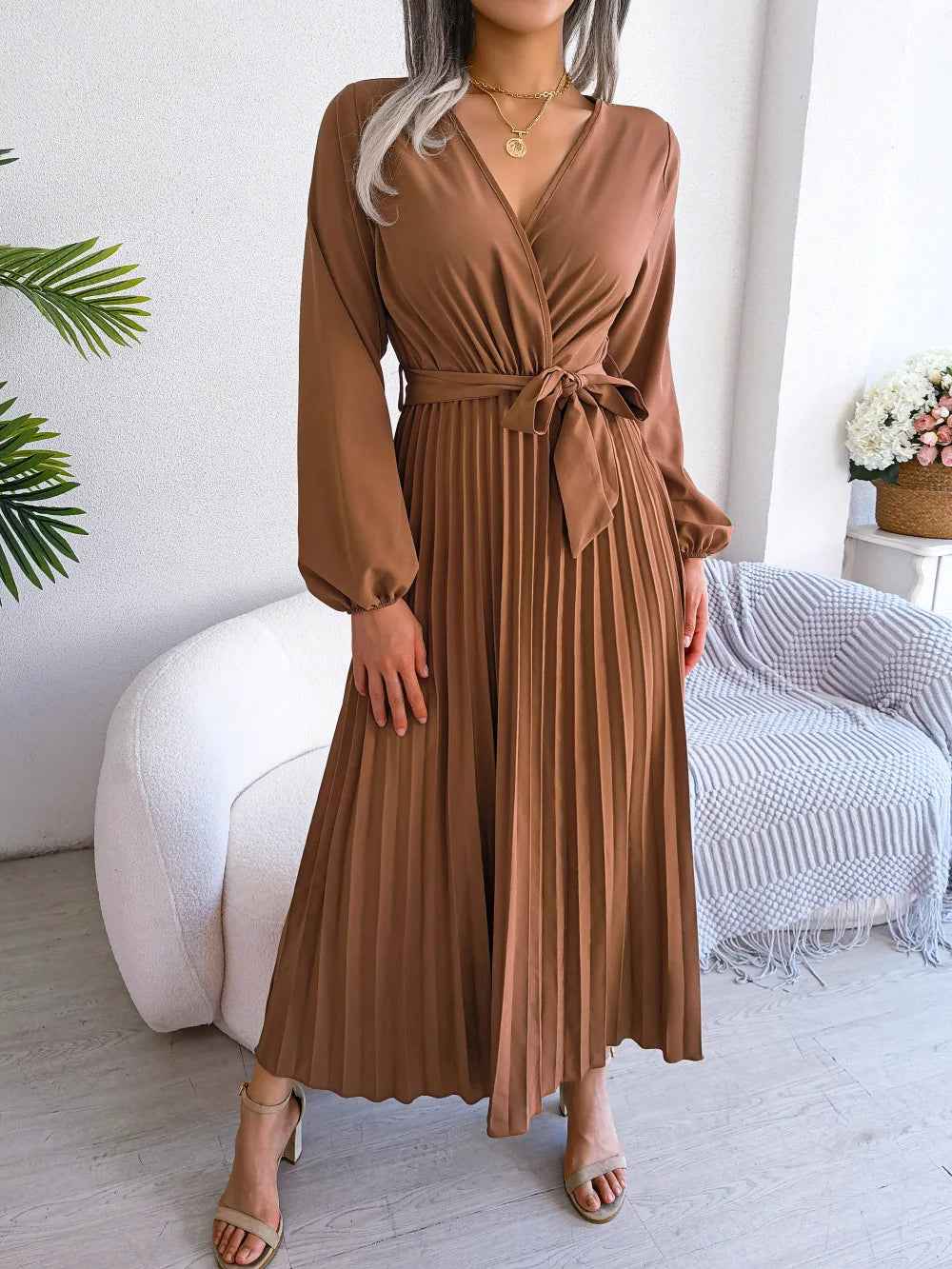 Elara Pleated V-Neck Maxi Dress