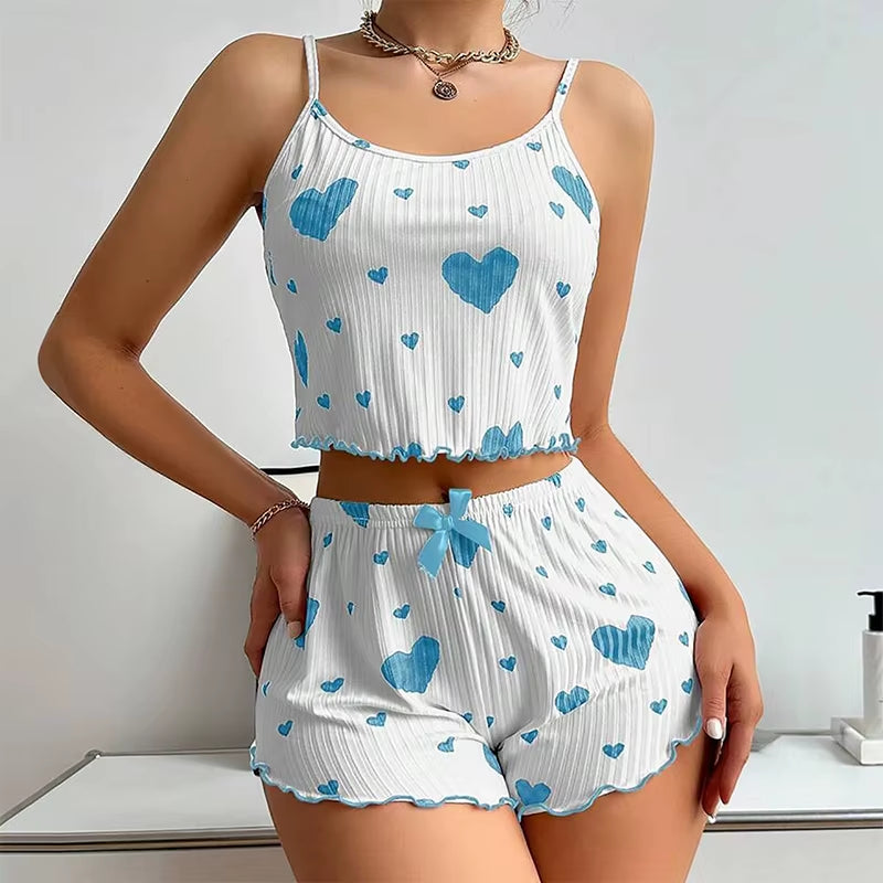 Heart Print Ribbed Pajama Set – 2 Piece Lounge Sleepwear