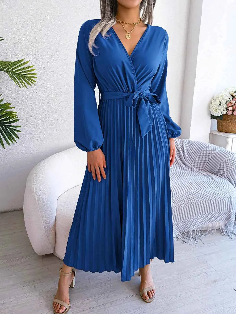 Elara Pleated V-Neck Maxi Dress