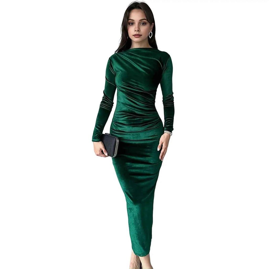 Ruched High-Neck Long Sleeve Midi Dress