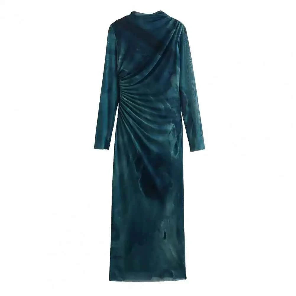 Ruched High-Neck Long Sleeve Midi Dress
