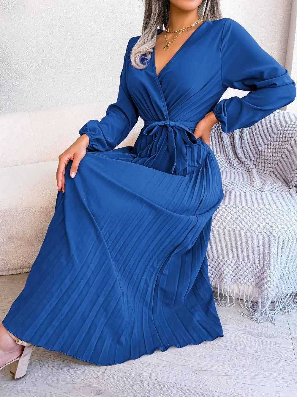 Elara Pleated V-Neck Maxi Dress