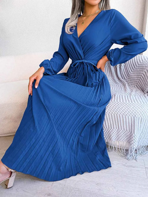 Elara Pleated V-Neck Maxi Dress
