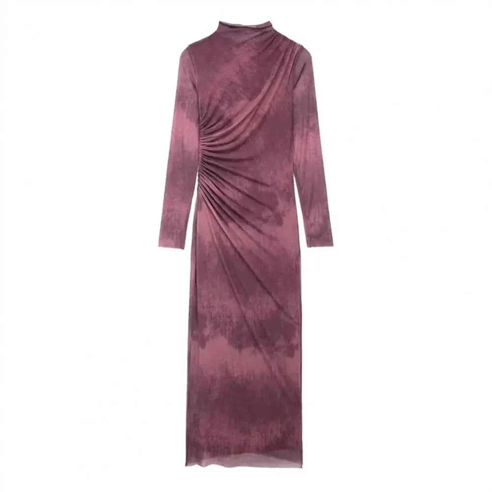 Ruched High-Neck Long Sleeve Midi Dress