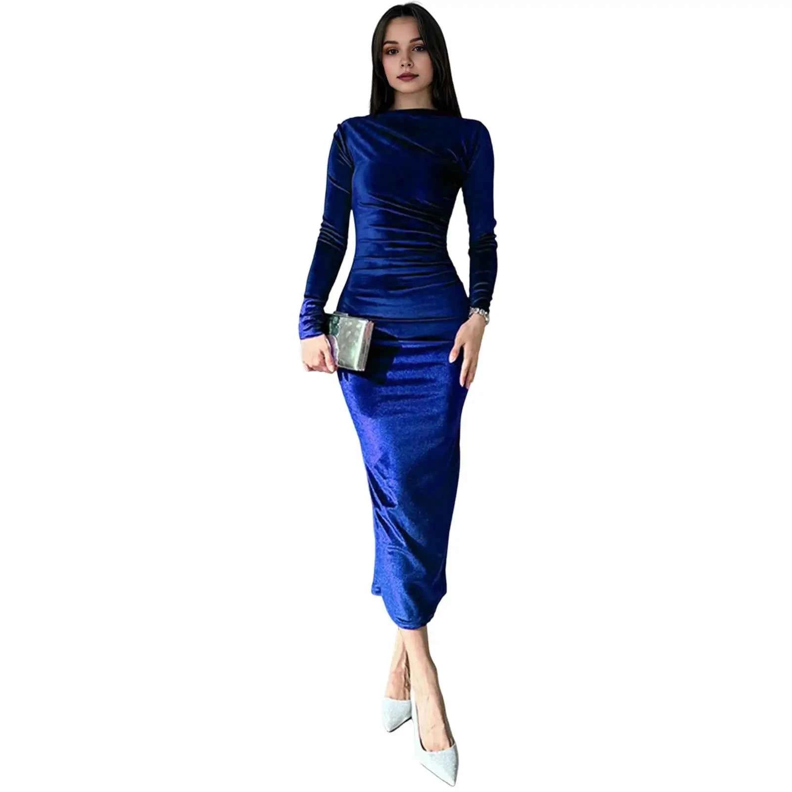 Ruched High-Neck Long Sleeve Midi Dress