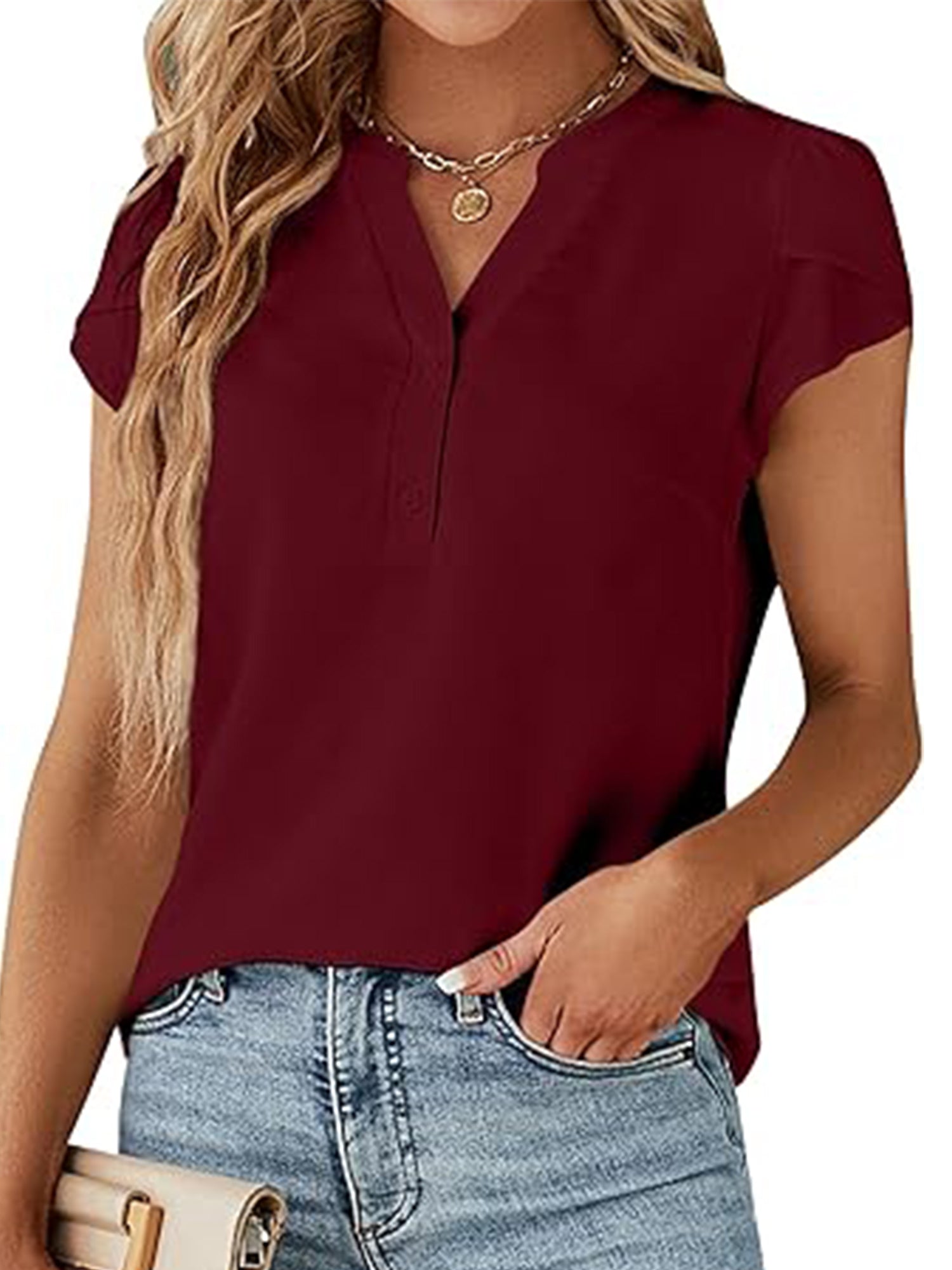 Women's Casual V-Neck Petal Sleeve Blouse