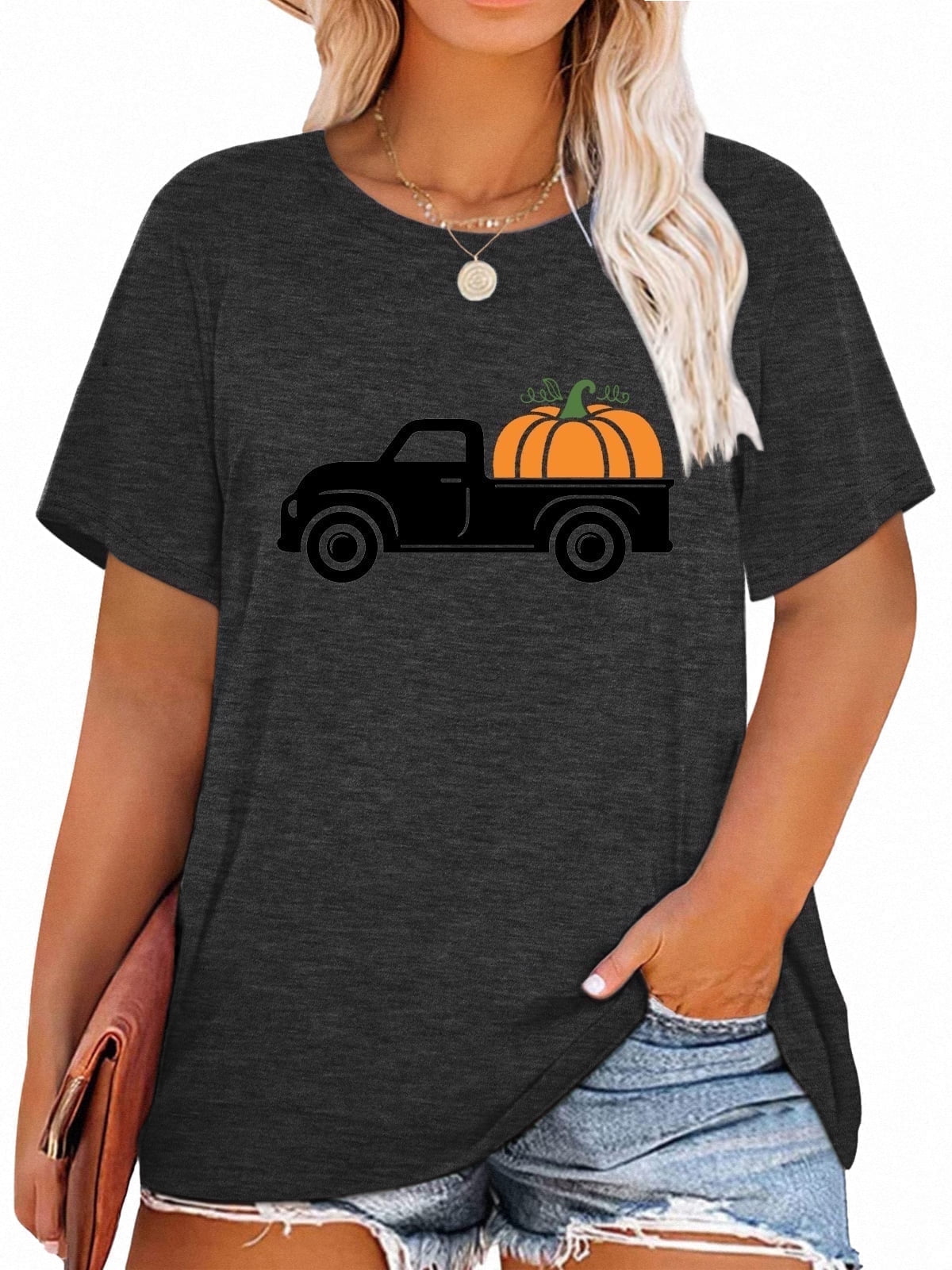 Women's Pumpkin Truck Graphic T-Shirt Plus Size