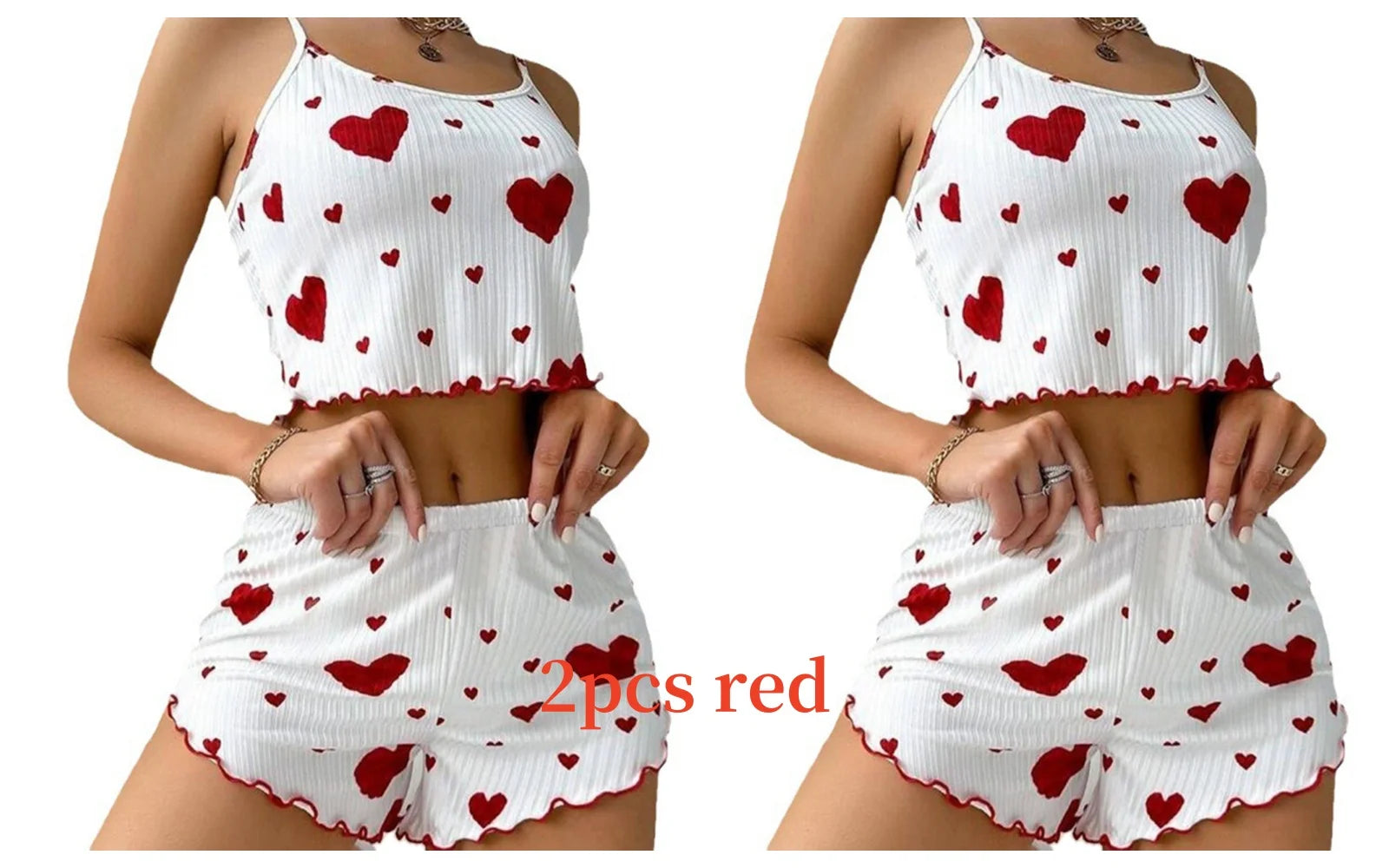 Heart Print Ribbed Pajama Set – 2 Piece Lounge Sleepwear