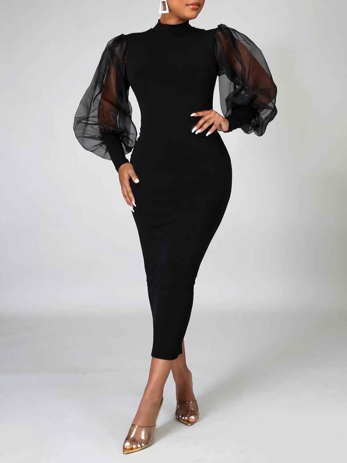 Sheer Puff Sleeve Bodycon Midi Dress
