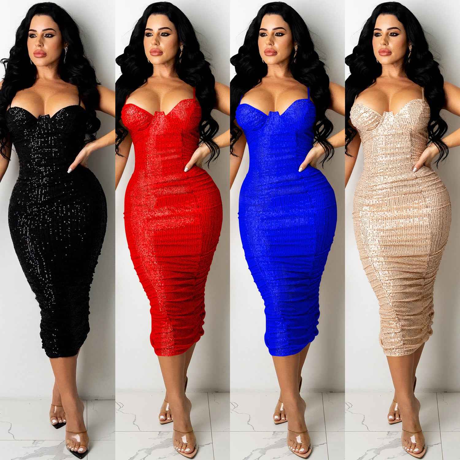 Women’s Sequin Ruched Midi Dress