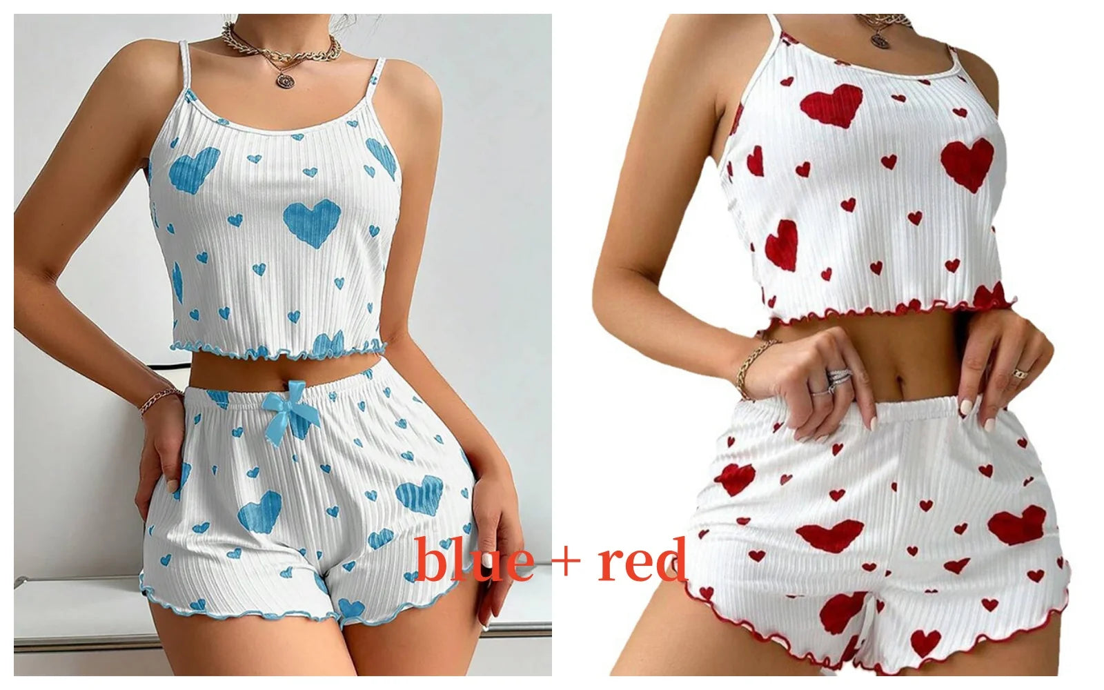 Heart Print Ribbed Pajama Set – 2 Piece Lounge Sleepwear