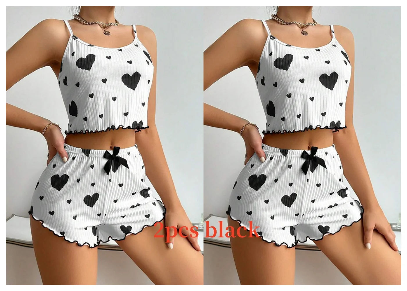 Heart Print Ribbed Pajama Set – 2 Piece Lounge Sleepwear