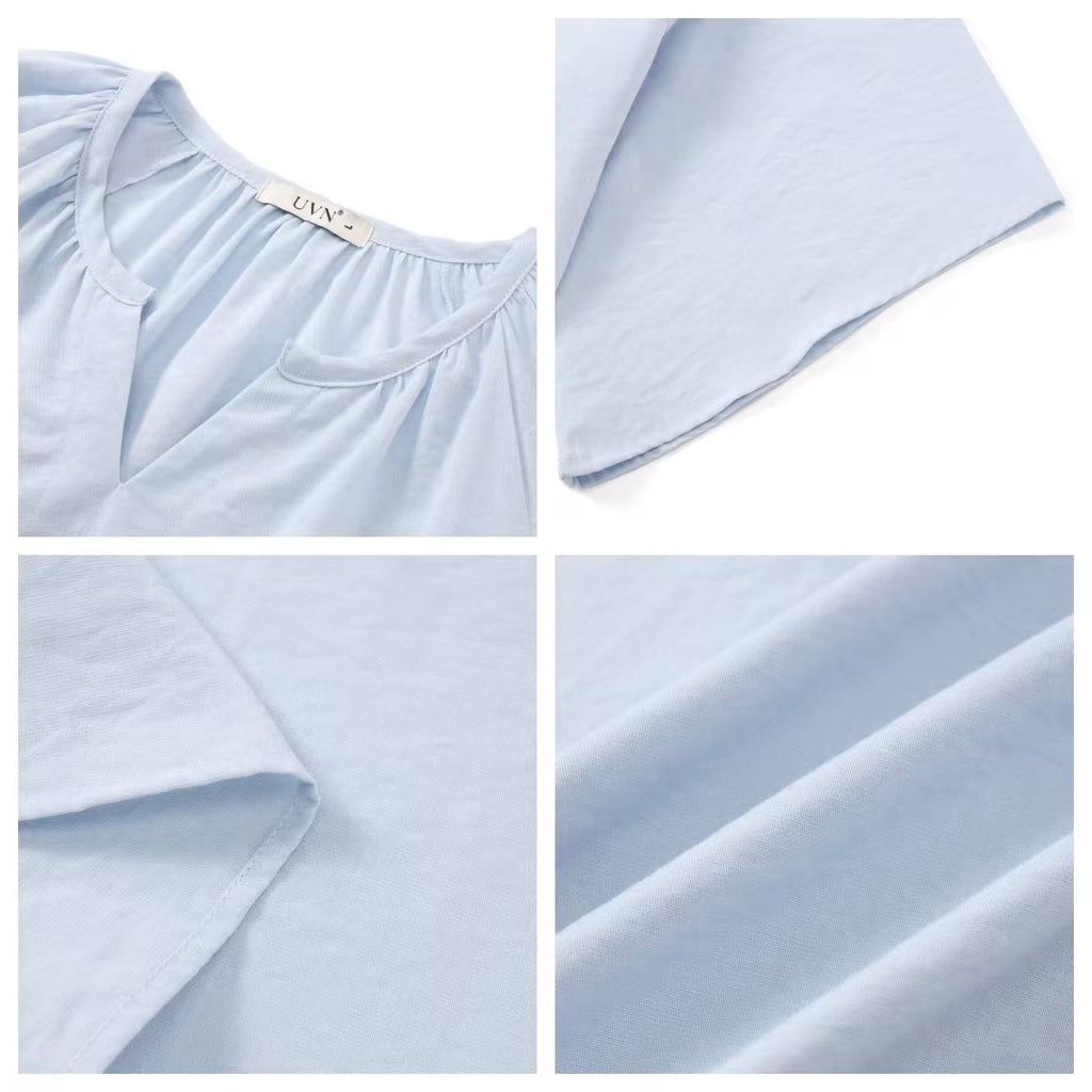 Womens Summer Blouses Bohemian 3/4 Bell Sleeve Shirts for Women V Neck Flowy Casual Pleated Tops