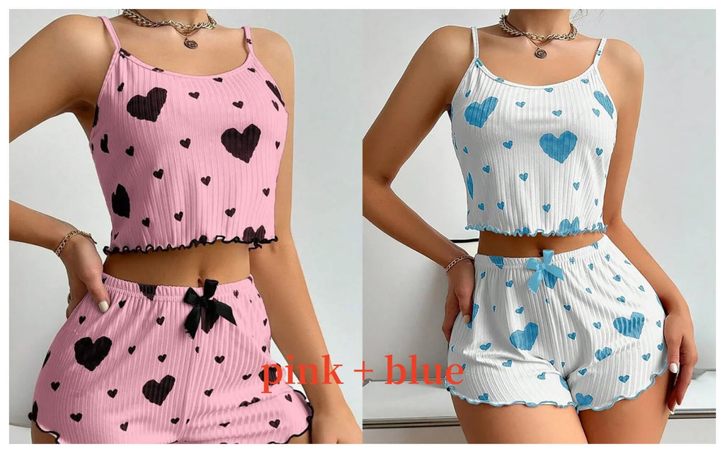 Heart Print Ribbed Pajama Set – 2 Piece Lounge Sleepwear