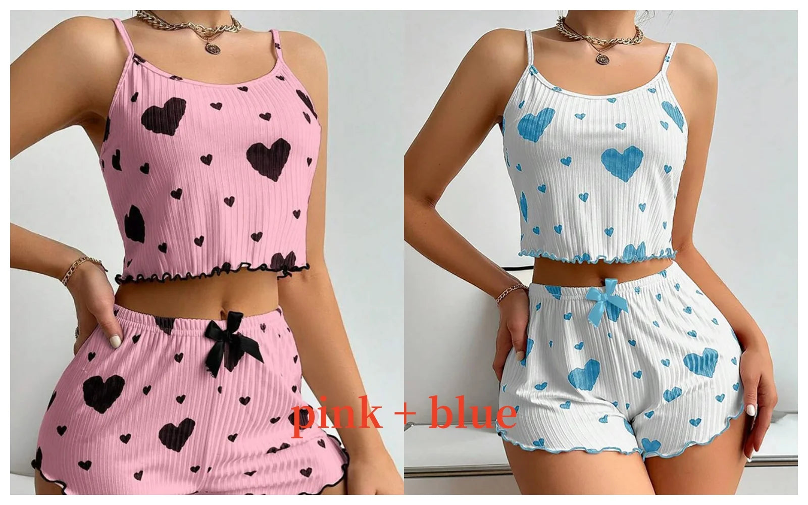 Heart Print Ribbed Pajama Set – 2 Piece Lounge Sleepwear