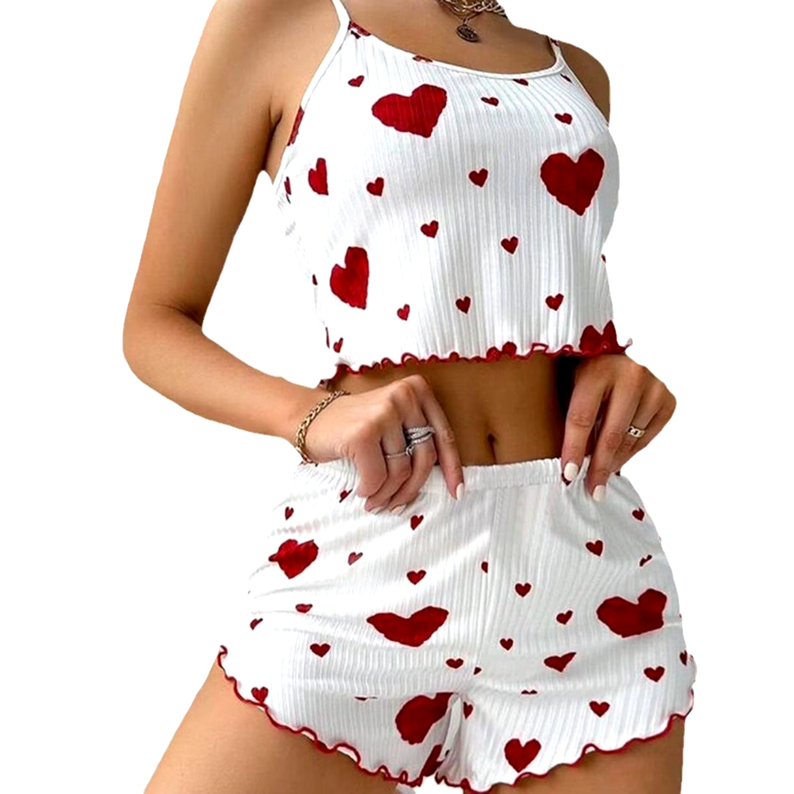 Heart Print Ribbed Pajama Set – 2 Piece Lounge Sleepwear