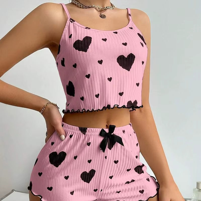 Heart Print Ribbed Pajama Set – 2 Piece Lounge Sleepwear